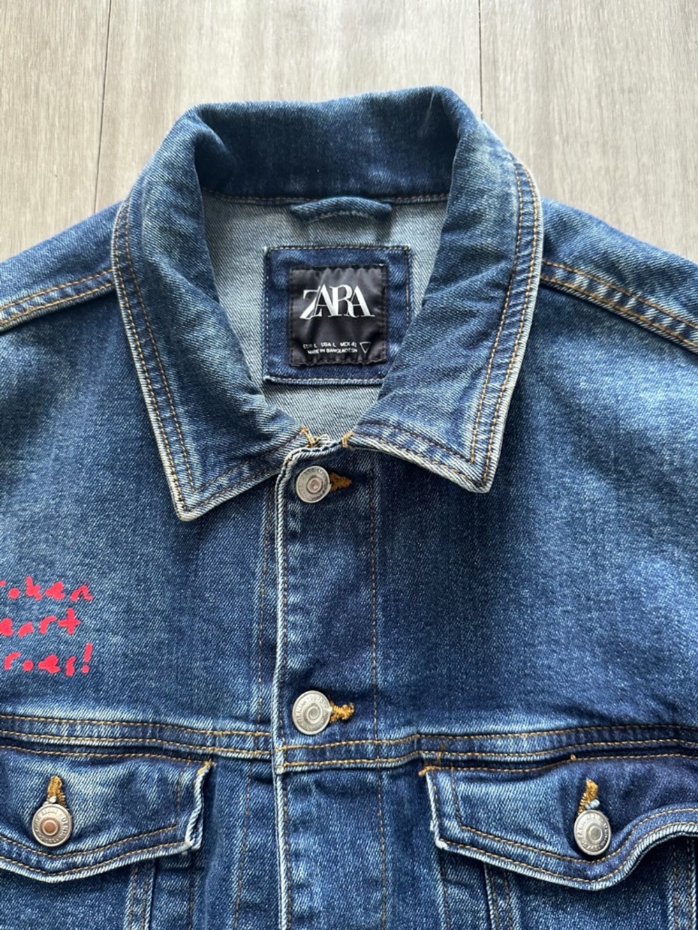 Zara Blue Denim Jacket with Red Heart Graphic and Purple Accent (LARGE) - Picture 11 of 15